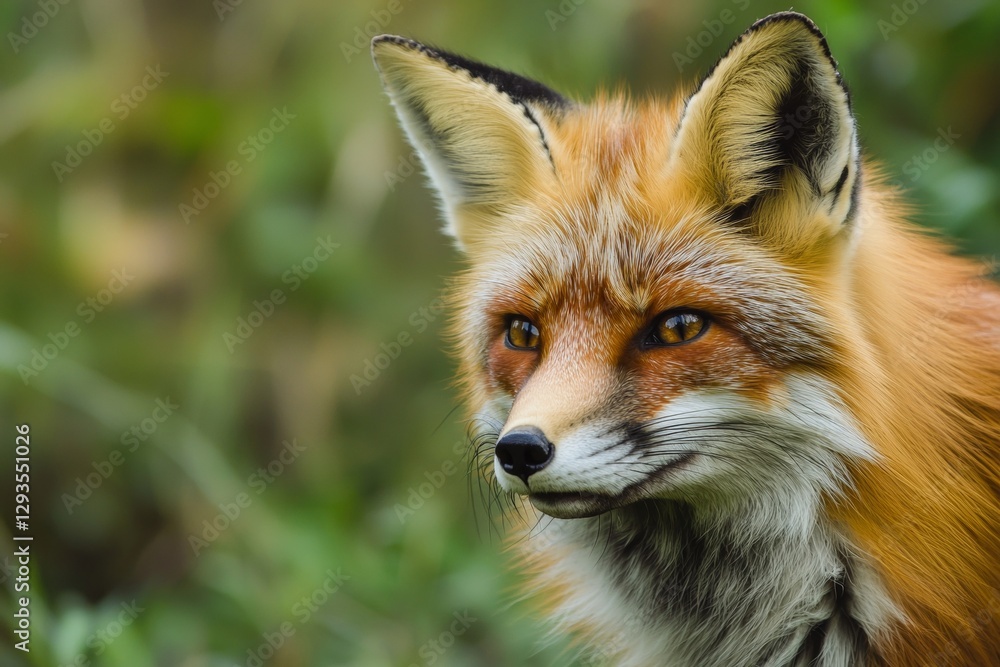 Captivating close-up portrait captures a red fox emerging from a backdrop of lush green foliage, its intense gaze and pointed ears creating a sense of alertness and wild beauty Captivating close-up portrait captures a red fox emerging from a backdrop of lush green foliage, its intense gaze and pointed ears creating a sense of alertness and wild beauty