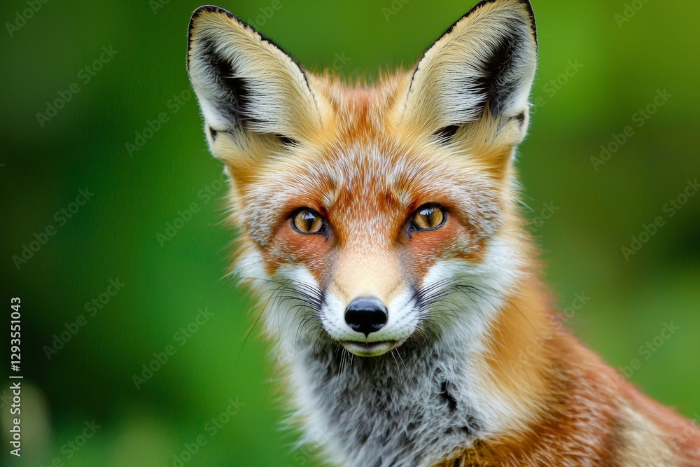 Fototapeta premium Close-up portrait of a majestic red fox with captivating orange fur and intelligent eyes, posing against a vibrant green meadow background, showcasing the beauty of wildlife in its natural habitat