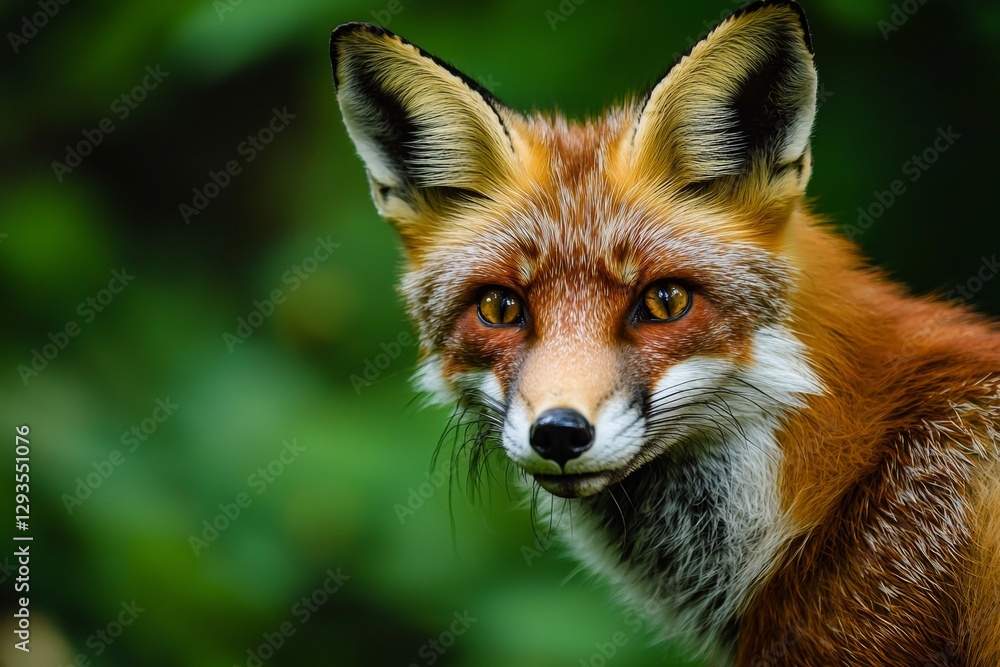 Wild red fox with vibrant orange fur and pointy ears emerging from a softly blurred green forest, creating an enchanting wildlife portrait full of detail and character Wild red fox with vibrant orange fur and pointy ears emerging from a softly blurred green forest, creating an enchanting wildlife portrait full of detail and character
