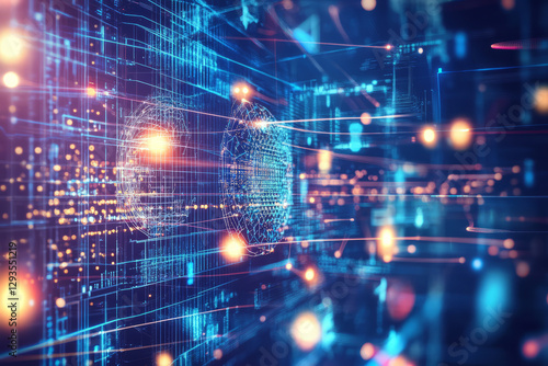 An abstract futuristic representation of quantum computing, featuring glowing 3D data clusters, cybernetic light waves, and holographic AI-driven interfaces. The high-tech background includes