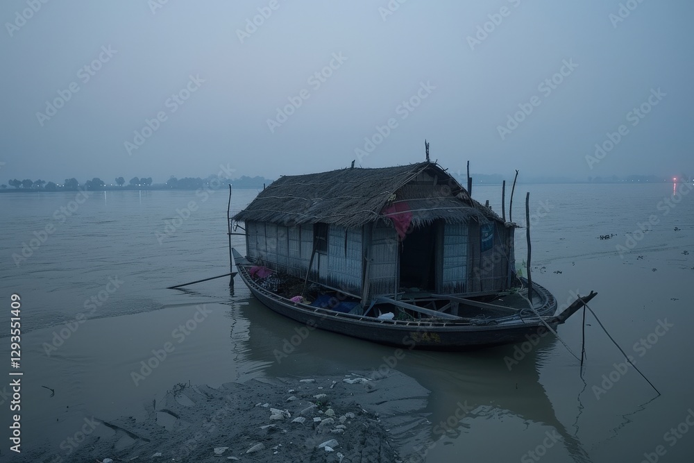 A solitary boat house rests on a calm river, surrounded by murky waters under a gray sky, evoking tranquility and isolation. A solitary boat house rests on a calm river, surrounded by murky waters under a gray sky, evoking tranquility and isolation.