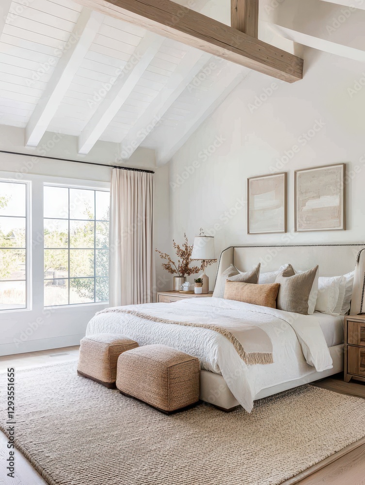 Master bedroom displaying a white cozy and peaceful interior design Master bedroom displaying a white cozy and peaceful interior design