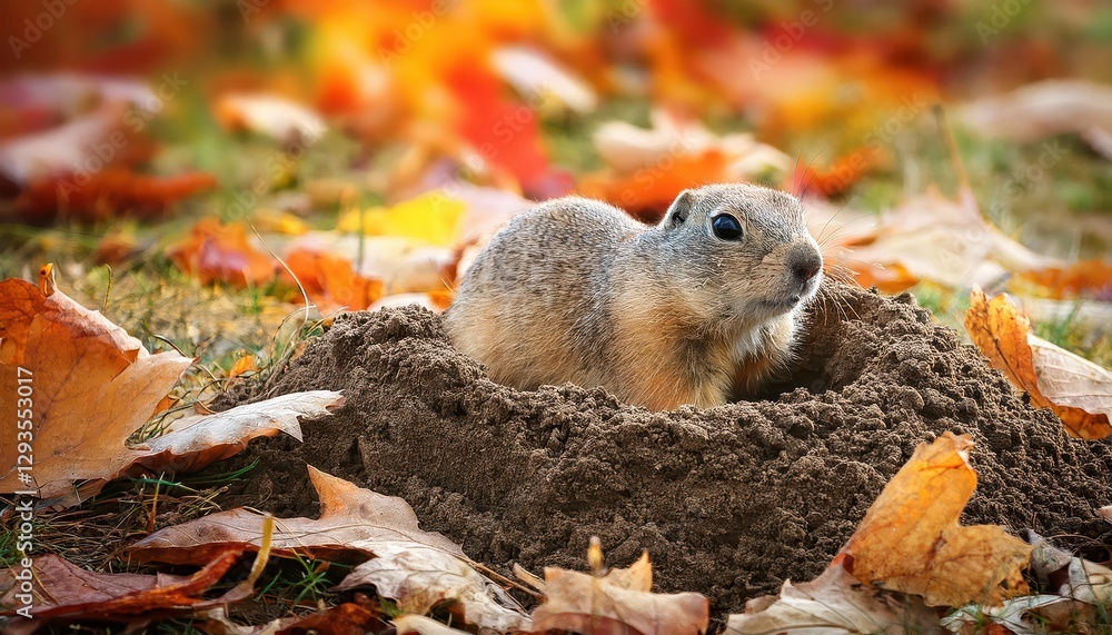 Autumn Gopher Feasting in Sunlit Clearing, Vibrant Autumnal Leaves Surrounding Woodland Haven, Capturing the Cozy Warmth and Serenity of an Autumn Afternoon. Autumn Gopher Feasting in Sunlit Clearing, Vibrant Autumnal Leaves Surrounding Woodland Haven, Capturing the Cozy Warmth and Serenity of an Autumn Afternoon.