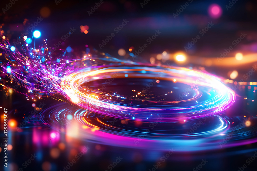Obraz premium Electron traveling along an intricate path with glowing lines and vibrant energy rings in a colorful cosmic environment, representing a futuristic and dynamic energy flow