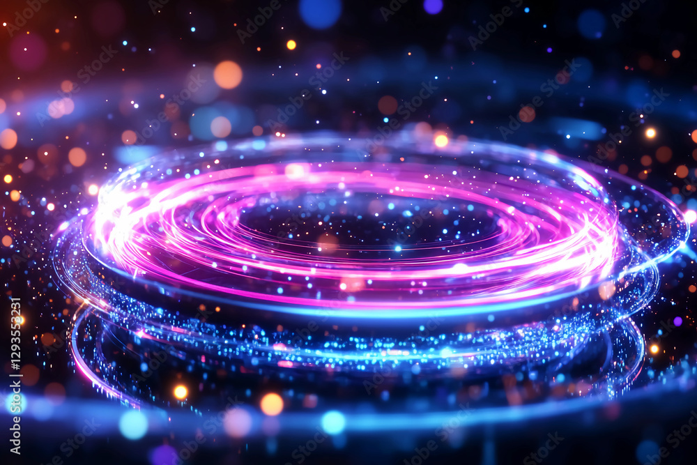 Electron traveling along an intricate path with glowing lines and vibrant energy rings in a colorful cosmic environment, representing a futuristic and dynamic energy flow Electron traveling along an intricate path with glowing lines and vibrant energy rings in a colorful cosmic environment, representing a futuristic and dynamic energy flow