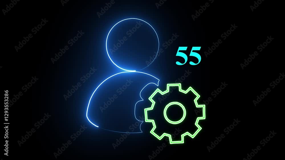 abstract man with rotate setting icon animation on grid background besides countdown second 0 to 100. abstract man with rotate setting icon animation on grid background besides countdown second 0 to 100.