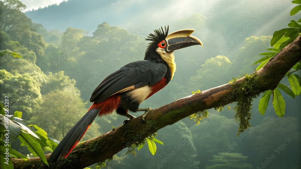 Fototapeta premium large crowned bird with black, red, and gold feathers perched on a branch in lush green forest