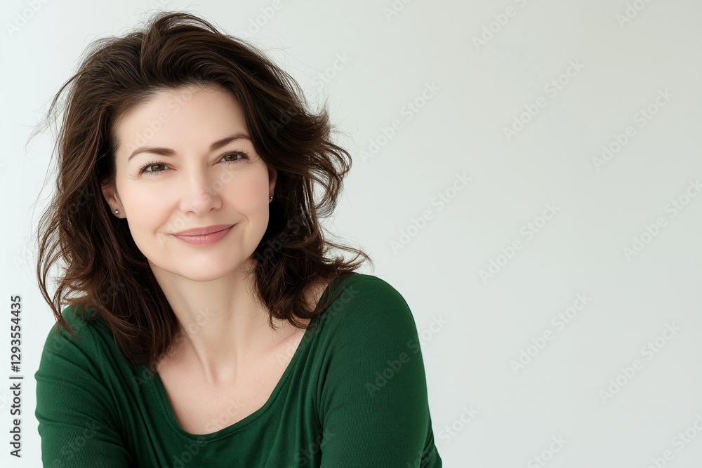 Studio portrait of a beautiful smiling mature woman with brown hair wearing a green shirt, posing against a white background, radiating confidence and natural beauty Studio portrait of a beautiful smiling mature woman with brown hair wearing a green shirt, posing against a white background, radiating confidence and natural beauty