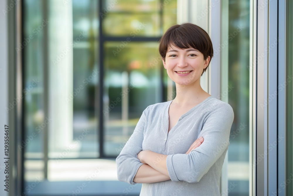 Confident businesswoman is smiling with crossed arms in front of modern office building, representing success, professionalism, and female leadership in corporate environment Confident businesswoman is smiling with crossed arms in front of modern office building, representing success, professionalism, and female leadership in corporate environment