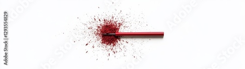 Vibrant Red Pencil and Surrounding Shattered Powder on White Surface