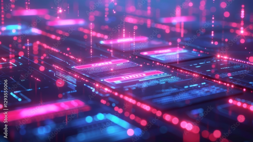 Fototapeta premium A visually striking digital environment presents interconnected data panels illuminated by bright pink and blue lights, evoking a sense of technology and innovation in an advanced realm.