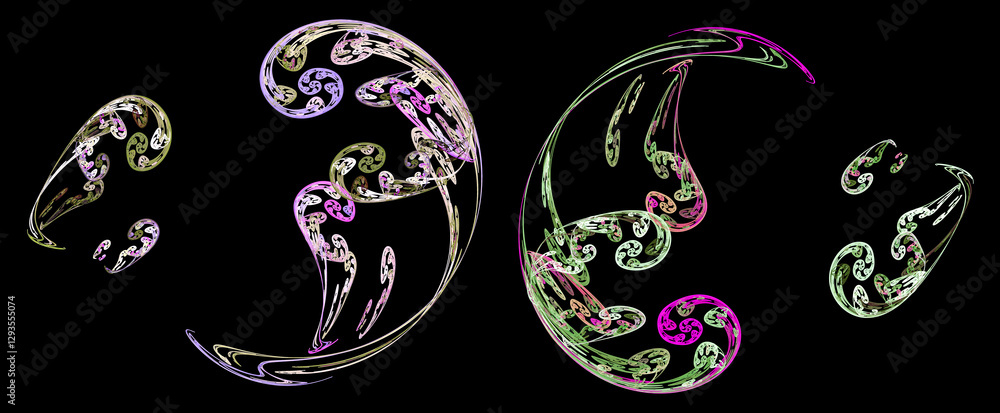 Abstract openwork pattern in pastel shades on a black background. Elegant spirals look like the leaves of fantastic plants. 3D rendering. 3D illustration. Abstract openwork pattern in pastel shades on a black background. Elegant spirals look like the leaves of fantastic plants. 3D rendering. 3D illustration.