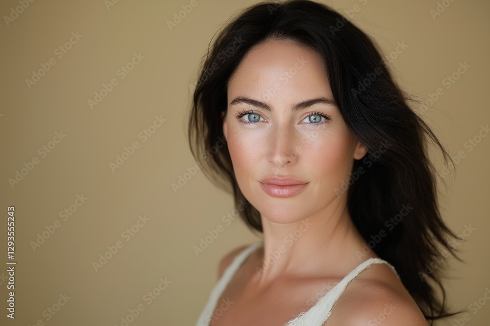 Studio portrait of a beautiful woman with long, dark hair, blue eyes, and flawless skin, radiating confidence and natural beauty against a warm beige backdrop Studio portrait of a beautiful woman with long, dark hair, blue eyes, and flawless skin, radiating confidence and natural beauty against a warm beige backdrop