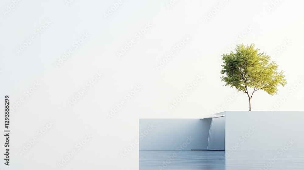 Obraz premium Minimalist Landscape with Single Tree and Modern Architecture Elements