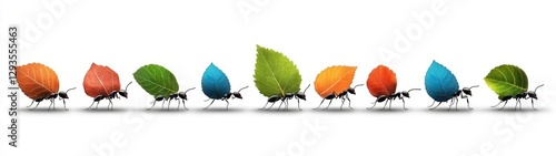 Ants Carrying Colorful Leaves in a Row Against White Background