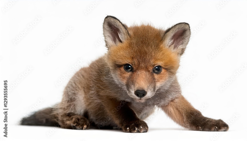 Fototapeta premium Cute and Playful weekold Red Fox Cub, Gently Posing against a White Background, Showcasing Soft Fur Textures and Expressive Eyes in a Captivating Portrait.