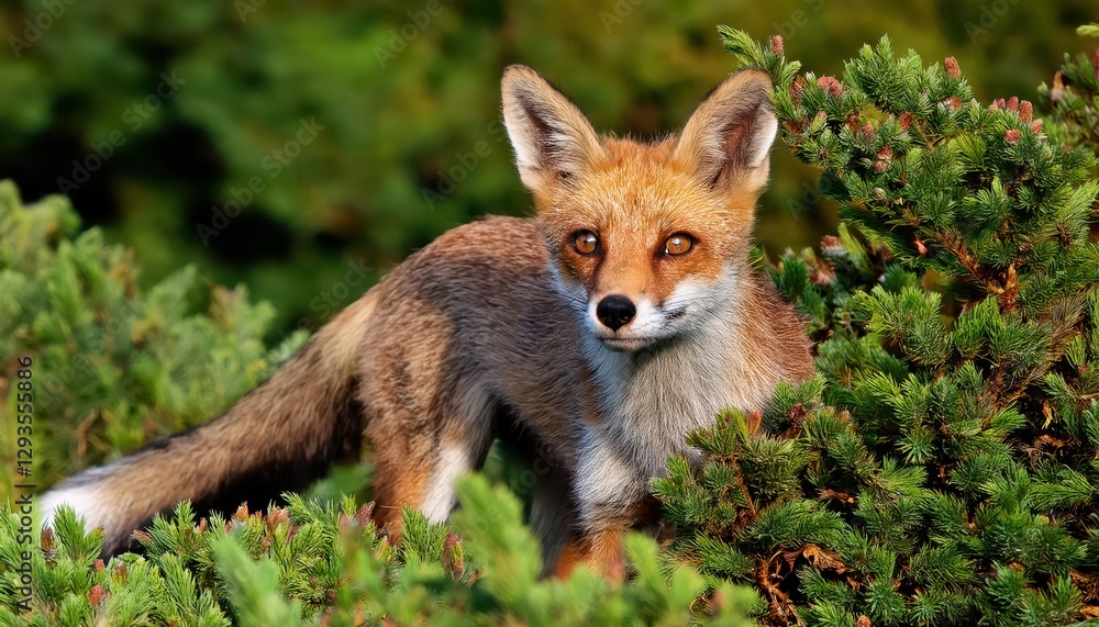 Naklejka premium Curious Fox Emerges from Shadows A Moment of Wild Wonder amidst Autumnal Forest Hues, at