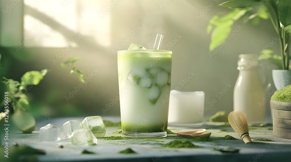 Refreshing green beverage with ice and milk, surrounded by natural elements in a serene setting Refreshing green beverage with ice and milk, surrounded by natural elements in a serene setting