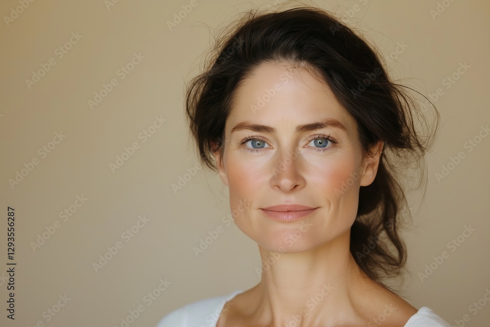 Confident mature woman with light blue eyes and tied brown hair smiling gently while posing against a beige background, showcasing natural beauty and timeless elegance Confident mature woman with light blue eyes and tied brown hair smiling gently while posing against a beige background, showcasing natural beauty and timeless elegance
