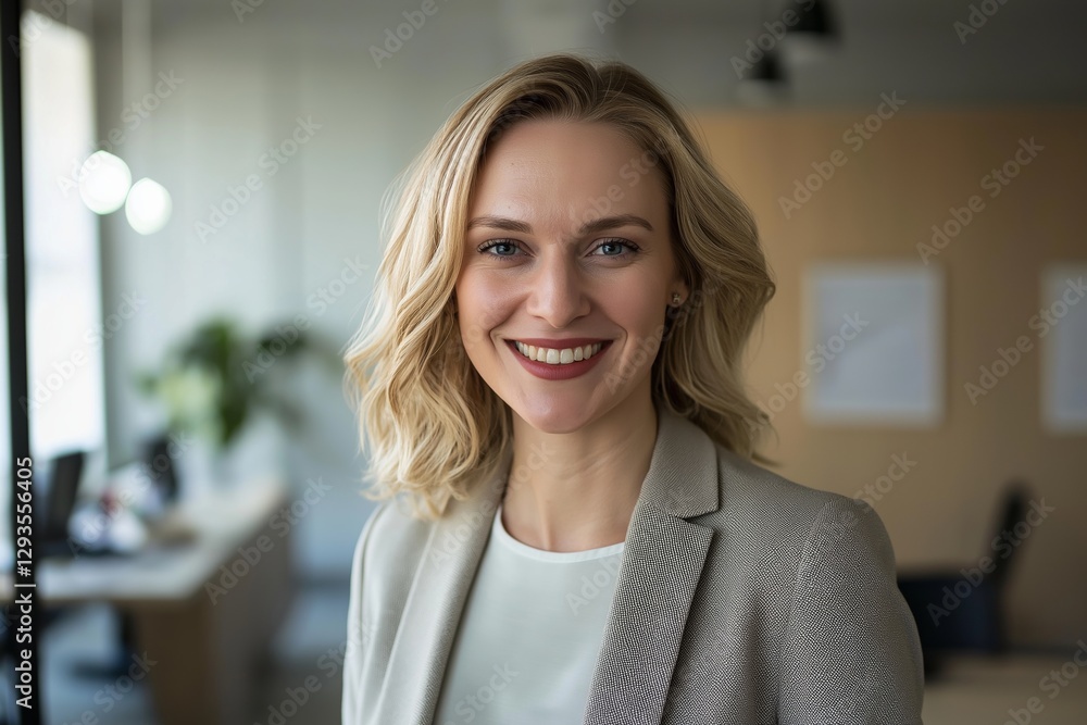 Portrait of a confident businesswoman smiling in a modern office environment, showcasing professionalism and success in the corporate world Portrait of a confident businesswoman smiling in a modern office environment, showcasing professionalism and success in the corporate world