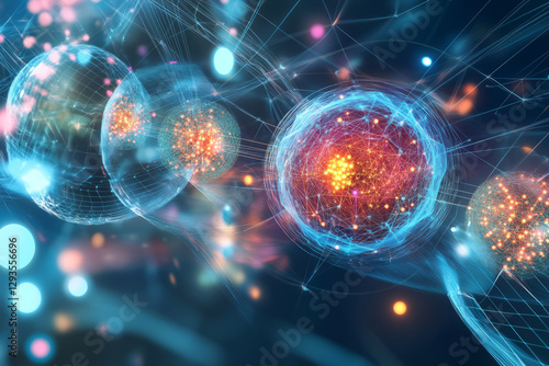 An abstract futuristic representation of quantum computing, featuring glowing 3D data clusters, cybernetic light waves, and holographic AI-driven interfaces. The high-tech background includes