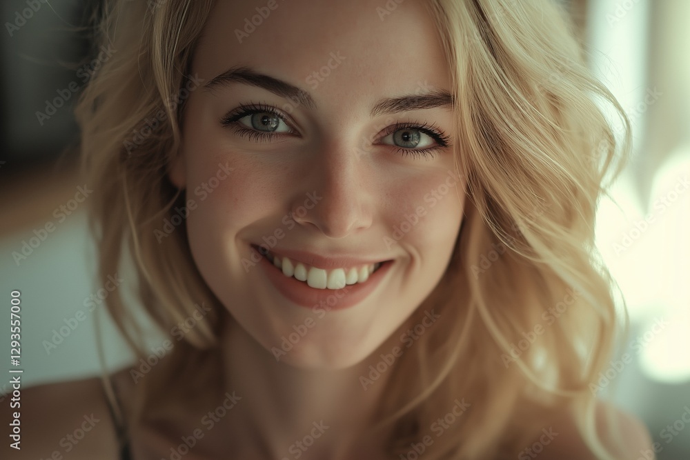 Close-up portrait of beautiful smiling blonde woman with perfect white teeth showing dental health and hygiene, expressing happiness and positive emotions Close-up portrait of beautiful smiling blonde woman with perfect white teeth showing dental health and hygiene, expressing happiness and positive emotions