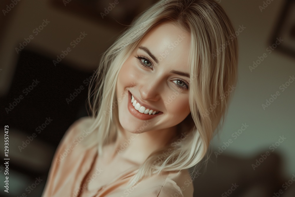 Close-up portrait of a cheerful young blonde woman with beautiful white teeth smiling brightly, showcasing perfect dental hygiene and a positive attitude Close-up portrait of a cheerful young blonde woman with beautiful white teeth smiling brightly, showcasing perfect dental hygiene and a positive attitude