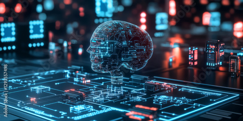 A futuristic AI-driven swarm intelligence coordination network, displaying glowing cybernetic decentralized decision-making pathways, pulsating holographic multi-agent system grids, and swirling