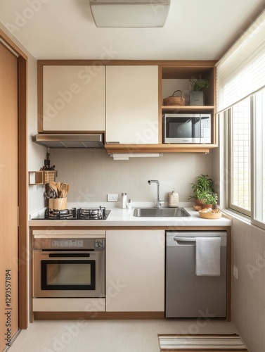 Modern kitchen features a compact space with minimalist design elements