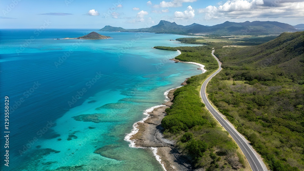Fototapeta premium aerial view of the sea and mountains , aerial view of coastal region with turquoise sea, lush greenery, rocky outcrops, and distant islands under clear sky