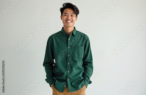 Full length portrait of handsome cheerful asian man in green shirt smiles broadly, poses with hands in pockets. Guy isolated on white background, wears casual modern outfit. Youth fashion.