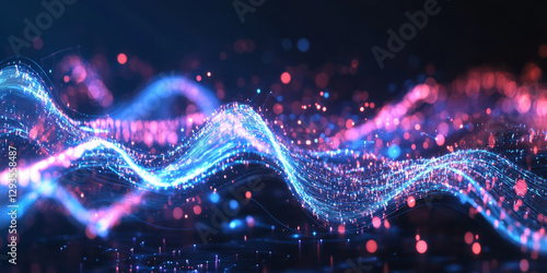 A futuristic abstract background with flowing streams of neon plasma energy, forming intricate wave-like patterns. The glowing ribbons of light twist and intertwine, creating a mesmerizing high-tech