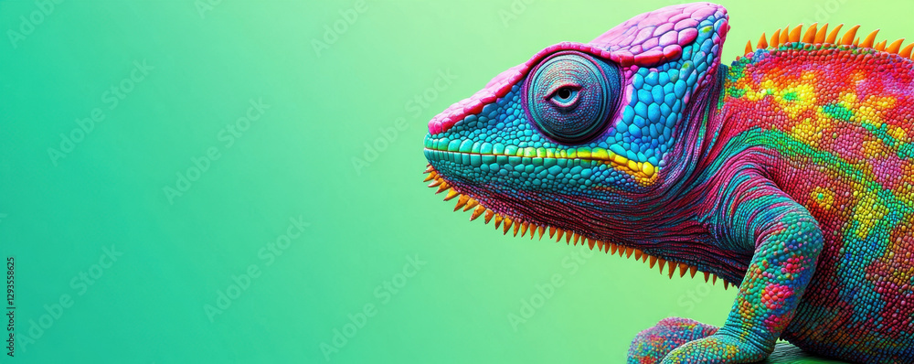 Obraz premium vibrant chameleon with colorful scales against gradient background, showcasing its unique patterns and textures. This quirky reptile exudes playful charm