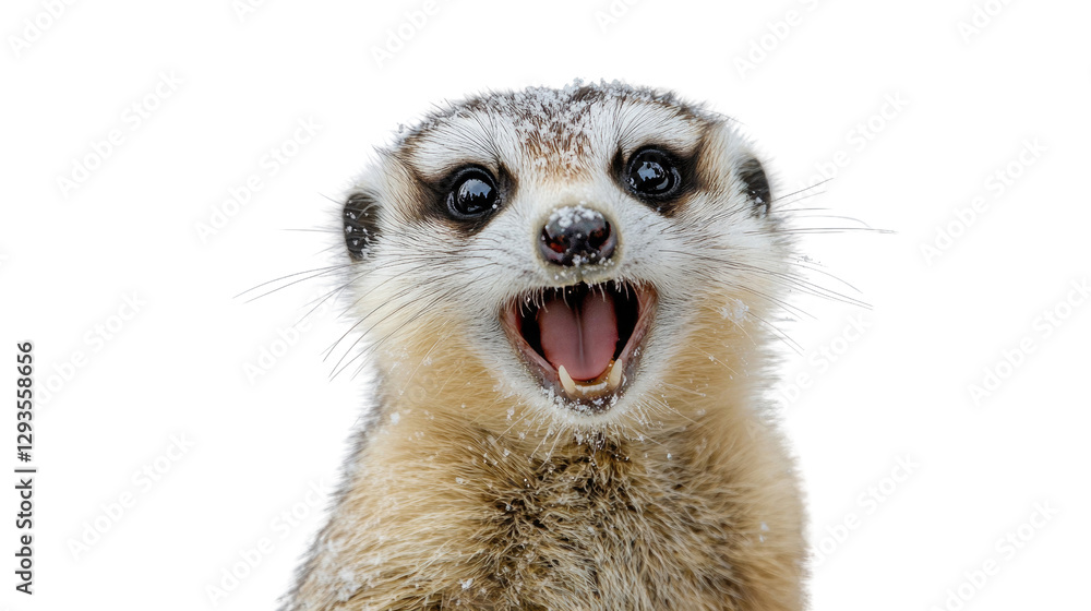 Fototapeta premium Happy meerkat expresses joy while standing in the snow during winter season