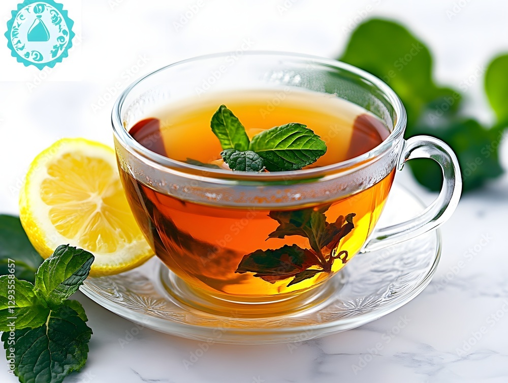 Freshly brewed herbal tea with mint and lemon slice on a marble countertop, inviting and refreshing Freshly brewed herbal tea with mint and lemon slice on a marble countertop, inviting and refreshing