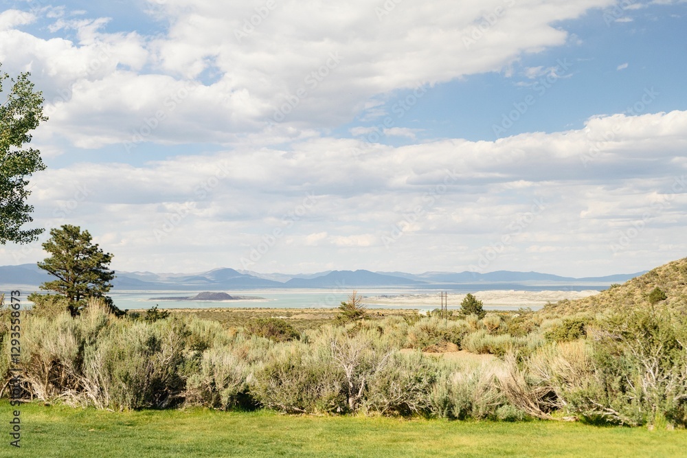 Scenic view of Mono Lake with sagebrush and mountains under a partly cloudy sky. Scenic view of Mono Lake with sagebrush and mountains under a partly cloudy sky.