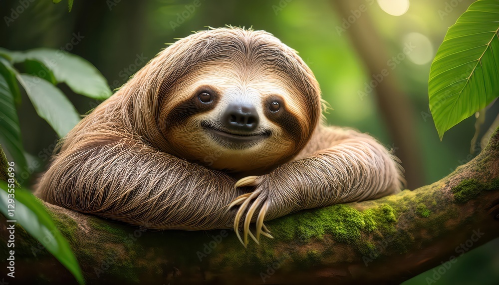 Fototapeta premium Friendly and Smiling Sloth on Tree Branch in Vibrant Tropical Rainforest Backdrop, Showcasing Joyful Serenity amidst Natures Splendor