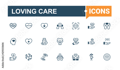Loving Care linear icon collection. Includes icons for hope, support, team, unity, Love, respect, giving, shake, donation. Set of line pictogram. Editable vector outline and solid icons.