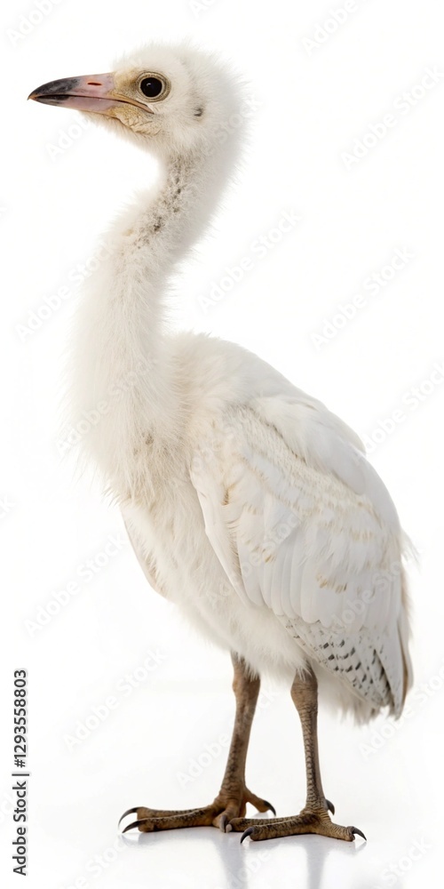 Fototapeta premium Young white bird with fluffy feathers and long legs.