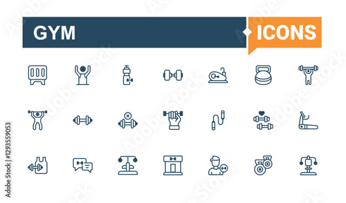 Gym icons set. Featuring ui, press, bottle, muscle, sport, healthy and more. Thin linear style icons. Solid line editable stroke. Vector line and solid icons.