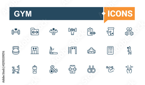 Gym icons set. Featuring ui, press, bottle, muscle, sport, healthy and more. Thin linear style icons. Solid line editable stroke. Vector line and solid icons.