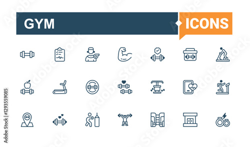 Gym icons set. Featuring ui, press, bottle, muscle, sport, healthy and more. Thin linear style icons. Solid line editable stroke. Vector line and solid icons.