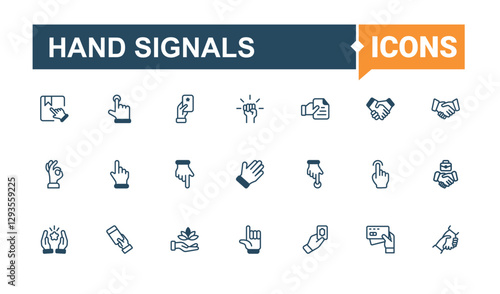 Hand Signals minimal icon set. Containing up, clap, hand, slide, volunteer, thumbs up, crossed, palm. Set of line pictogram. Outline and solid pictogram.