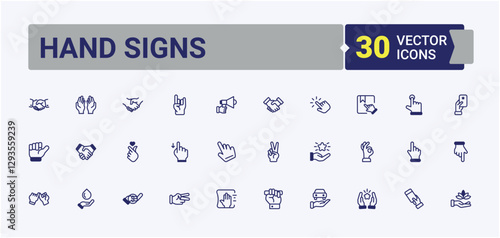 Hand Signs vector icon set. Includes icons for phone, simple, finger, handshake, clap, love, hold, slide. Outline icon. Editable vector outline and solid icons.