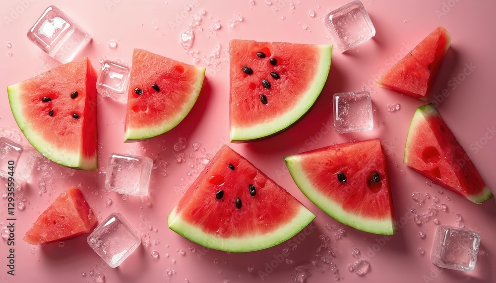 Fresh juicy watermelon in water splashes and ice cubes on pink background with copy space. Slices of citrus fruits in water drops. Summer freshness banner design. Flat lay top view. Fresh juicy watermelon in water splashes and ice cubes on pink background with copy space. Slices of citrus fruits in water drops. Summer freshness banner design. Flat lay top view.