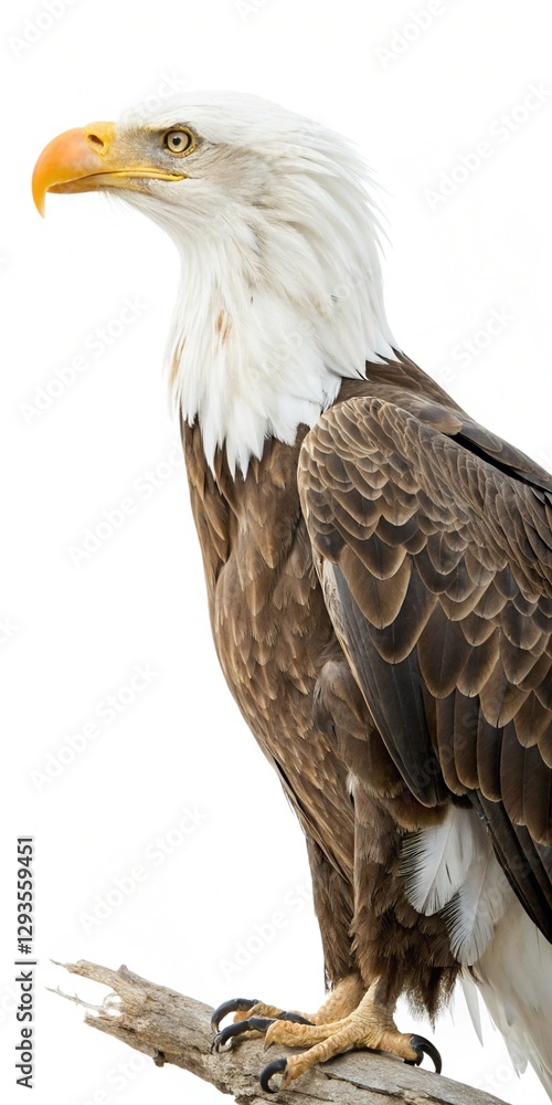 Obraz premium Bald eagle perched, showcasing its sharp beak and detailed feathers.