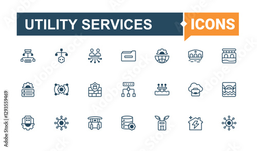 Set of Utility Services line icons. Contains related to urban, plan, transportation, transport, service, web, build, cloud. Icons for UI. Editable stroke icon collections.