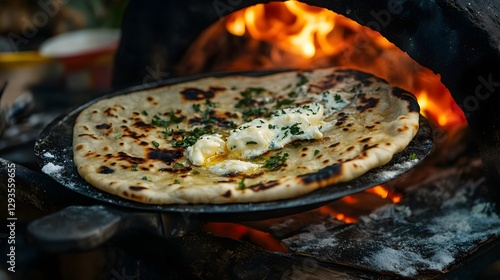 A naan-making process shot, showing a tandoor oven and a freshly cooked butter garlic naan being lifted out photo