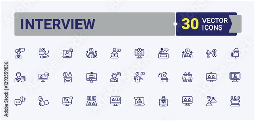 Set of Interview line icons. Contains linear outline icons like employment, recruit, resource, recruitment, manager, leader and more. Simple icon designs. Editable stroke, solid icon collections.