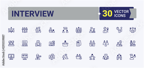 Set of Interview line icons. Contains linear outline icons like employment, recruit, resource, recruitment, manager, leader and more. Simple icon designs. Editable stroke, solid icon collections.
